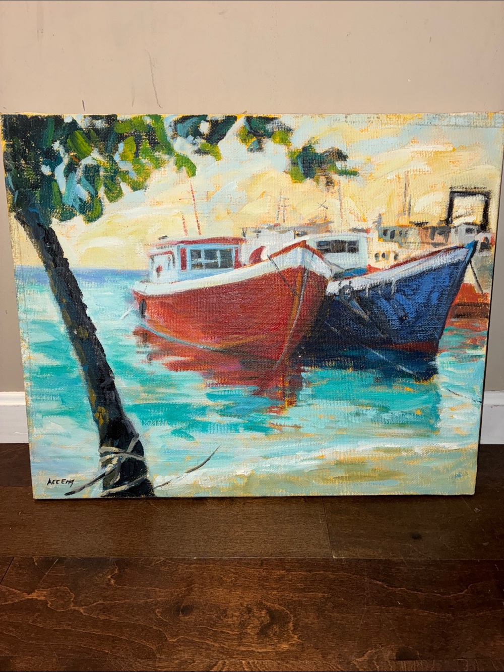 Coastal Boat Canvas Painting - Red & Blue Boavhhhh